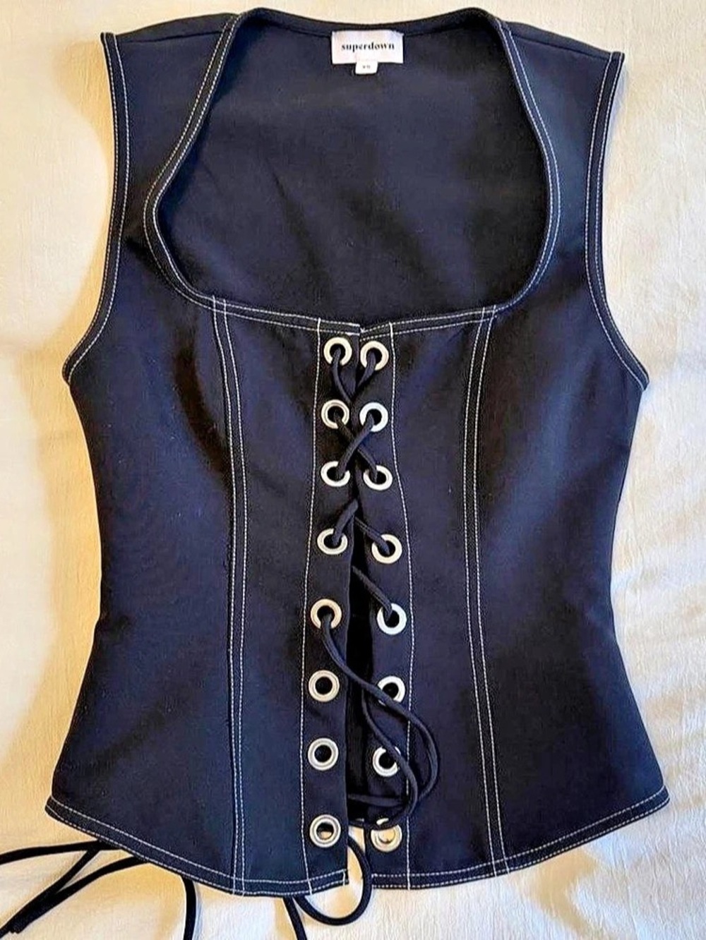 Superdown Lace-Up Corset Tank with Contrast Stitching Black XS